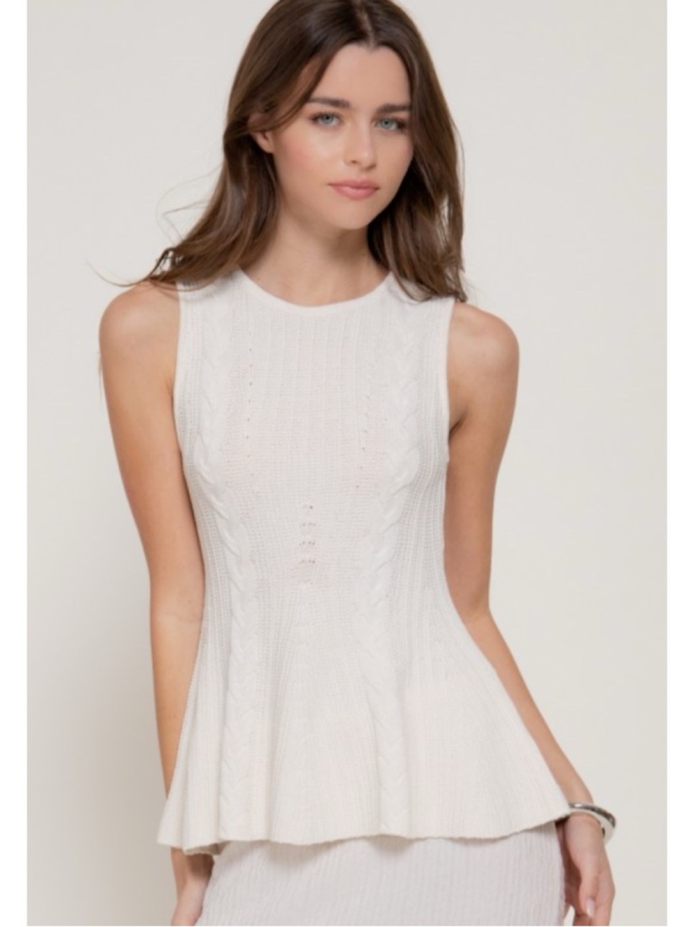 1286 • Cream Viscose Blend Cable Knit Sleeveless Peplum Top